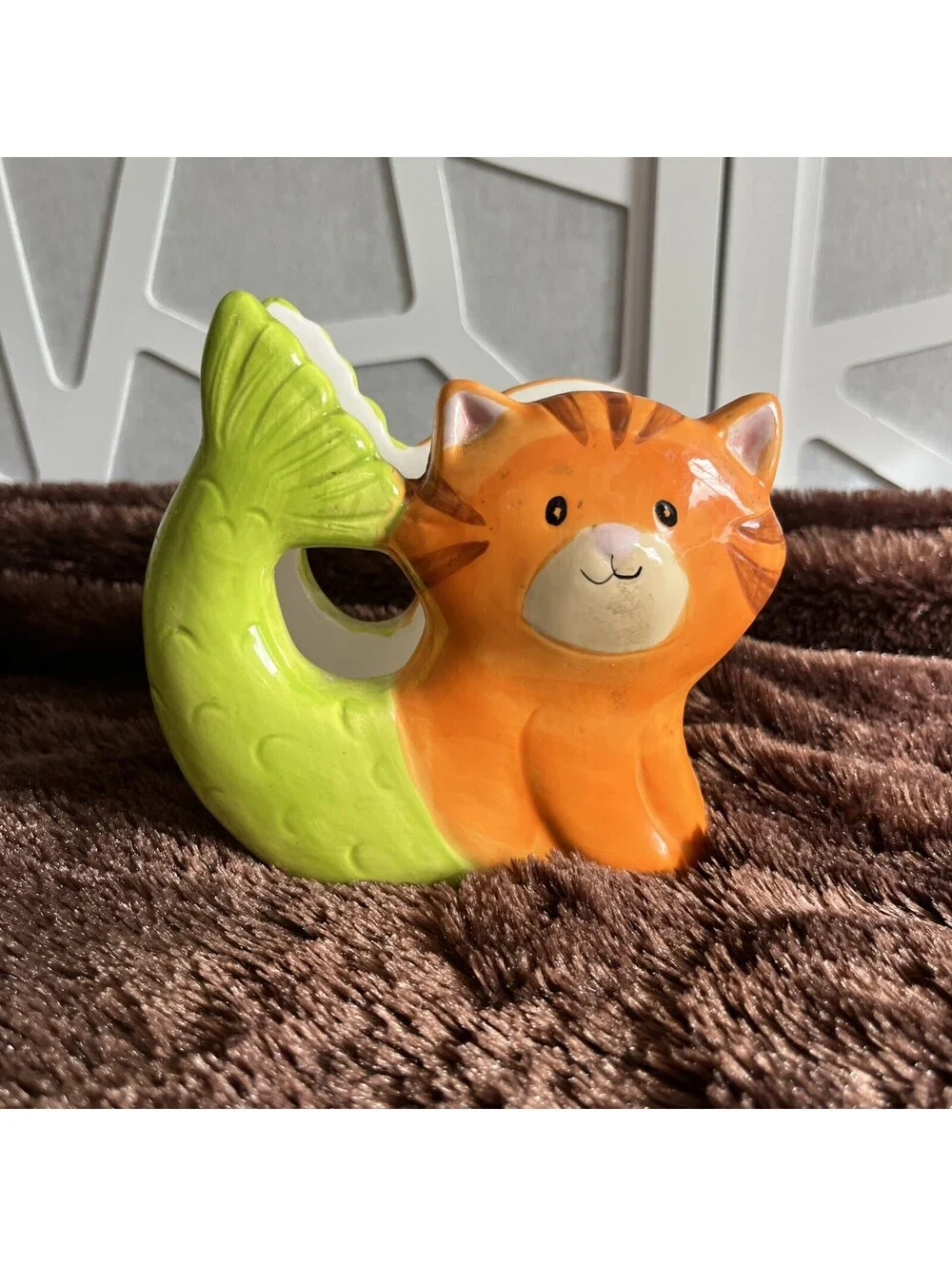 Boston Warehouse Purrmaid Ceramic Napkin Holder Orange Tabby Cat Mermaid 6x5